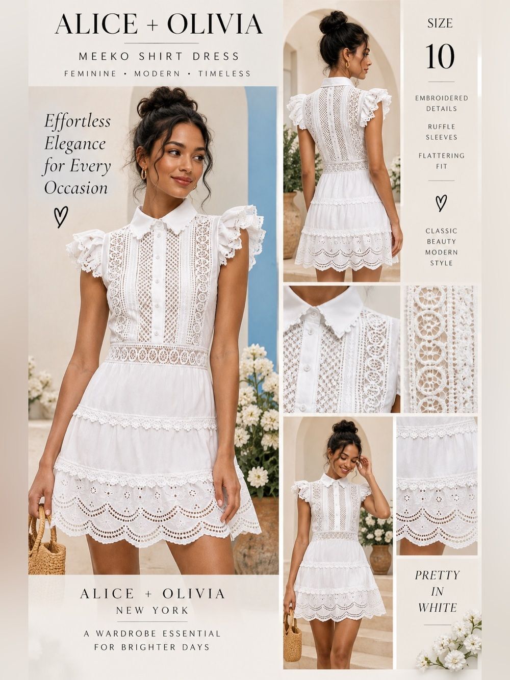 Alice + Olivia Meeko Embroidered Ruffle Sleeve Shirt Dress White Size 10 NWOT